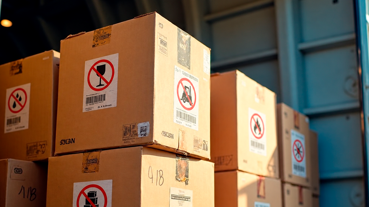 Cajas apiladas con etiquetas de manejo especial en un almacén