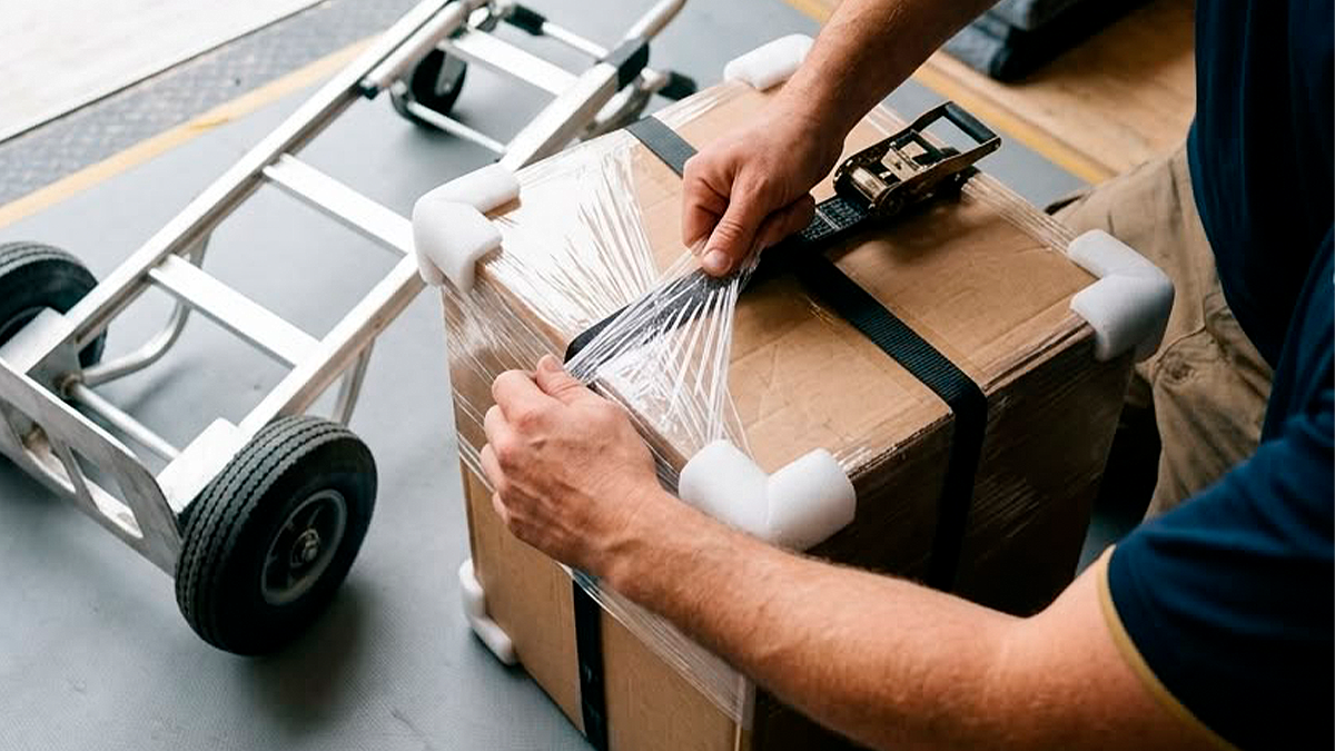 Persona asegurando una caja con film plástico sobre un carrito de carga