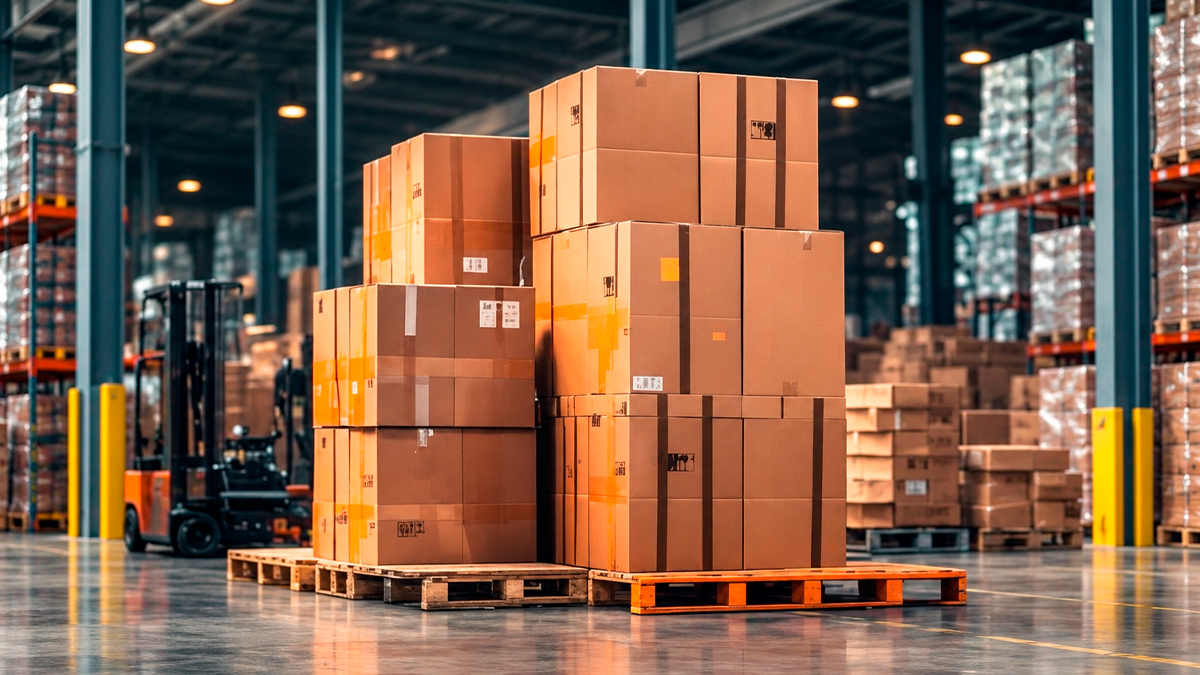 Montacargas y cajas apiladas en un almacén logístico