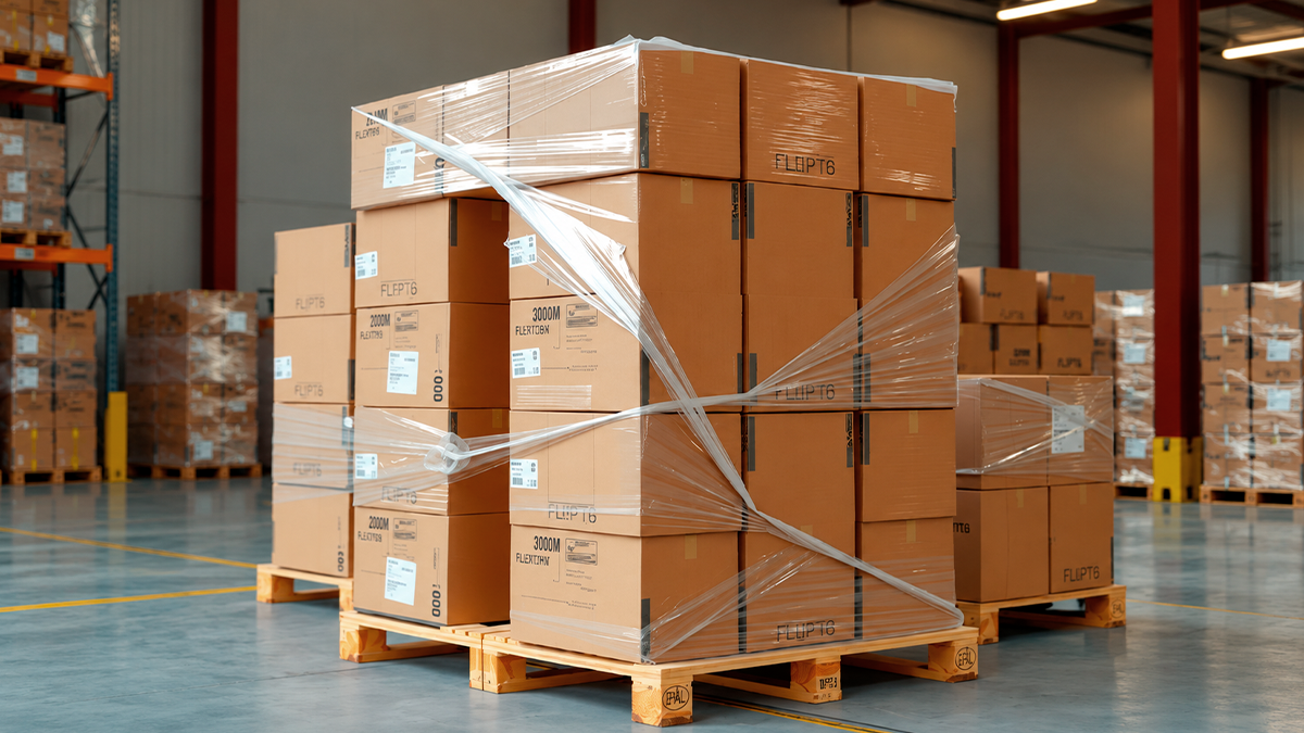 Pallets de cajas envueltas en film plástico en un almacén